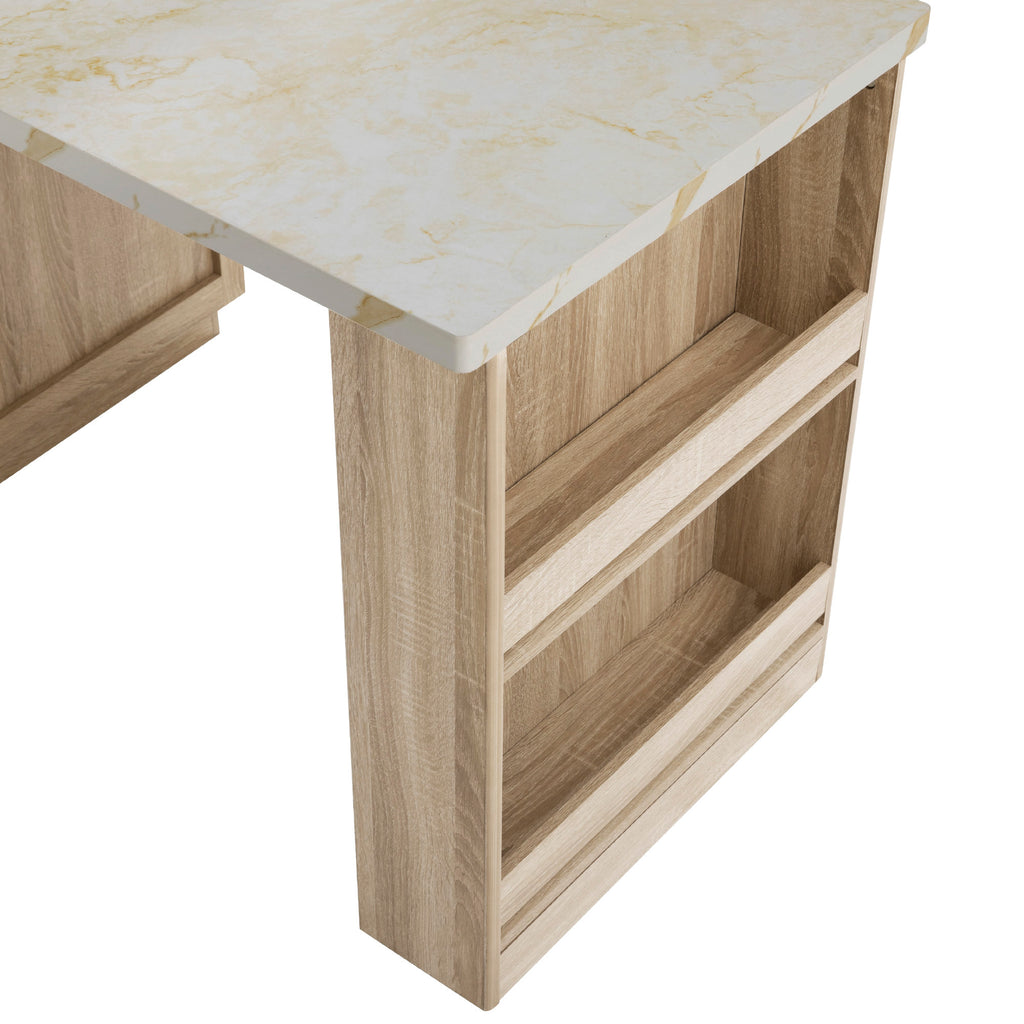 K&K 82.6' Fluted Kitchen Island with Extendable Dining Table for 4-6, Island Table for Kitchen with Power Outlet, Kitchen Table with Double-Side Storage, 2 Drawers 2 Side Open Shelves, Natural - Grand Goldman Shop