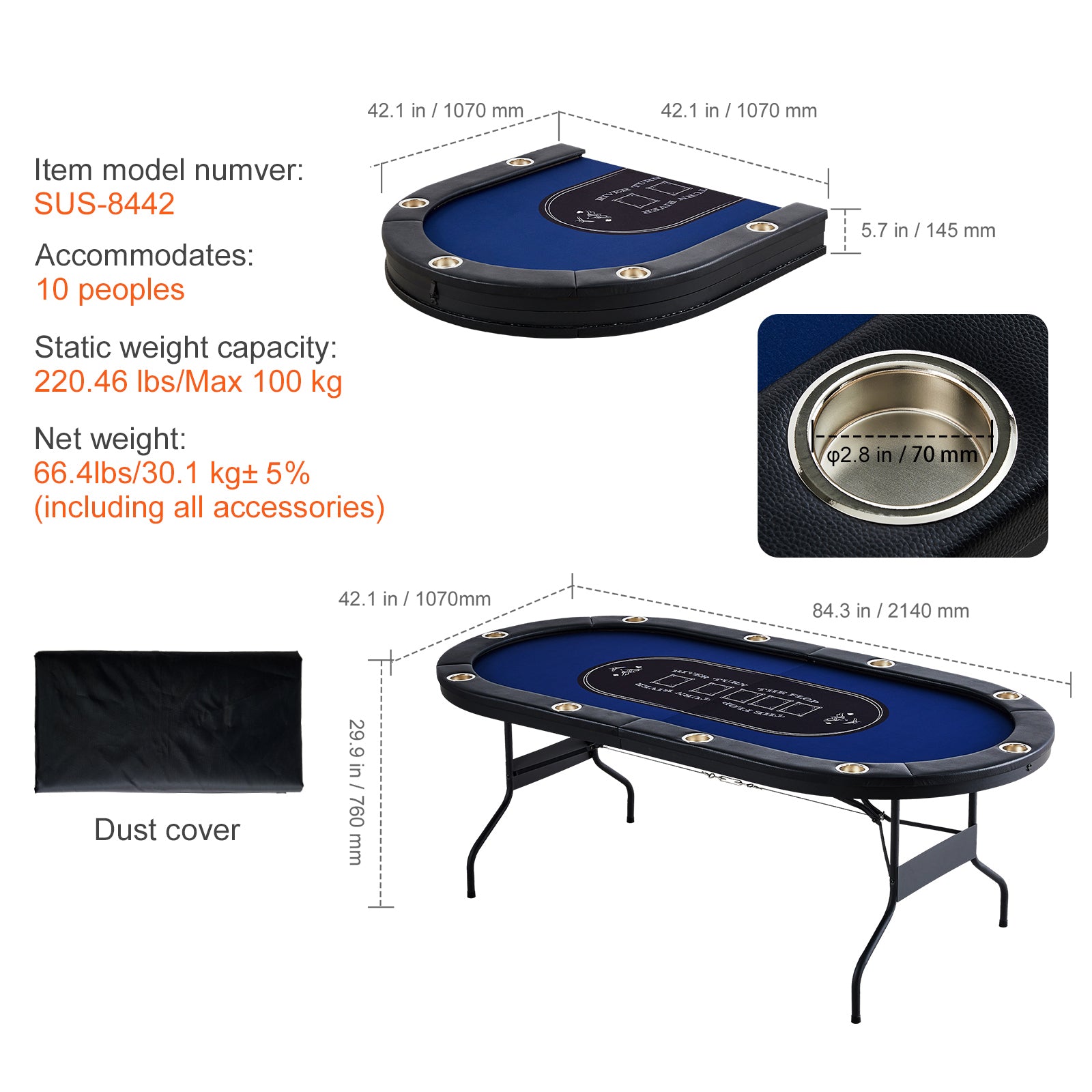 Stylish 10 Player Foldable Poker Table, Blackjack Texas Holdem Poker Table with Padded Rails and Stainless Steel Cup Holders,