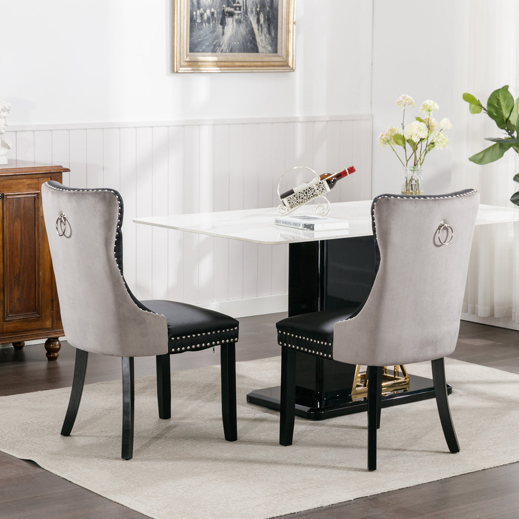 A&A Furniture,Nikki Collection Modern, High-end Tufted Solid Wood Contemporary PU and Velvet Upholstered Dining Chair with Wood Legs Nailhead Trim  2-Pcs Set，Black+Gray, SW2101BG - Grand Goldman Shop