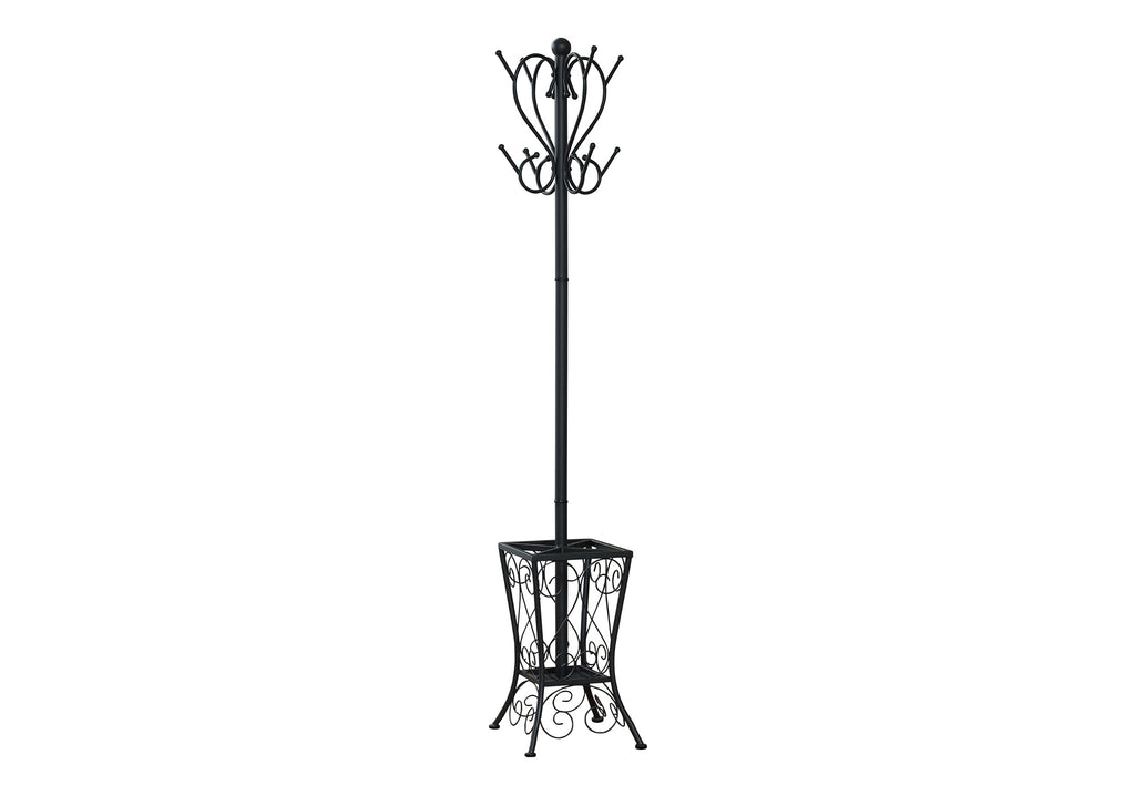 Coat Rack, Hall Tree, Free Standing, 8 Hooks, Entryway, 71'h, Umbrella Holder, Bedroom, Black Metal, Transitional - Grand Goldman Shop