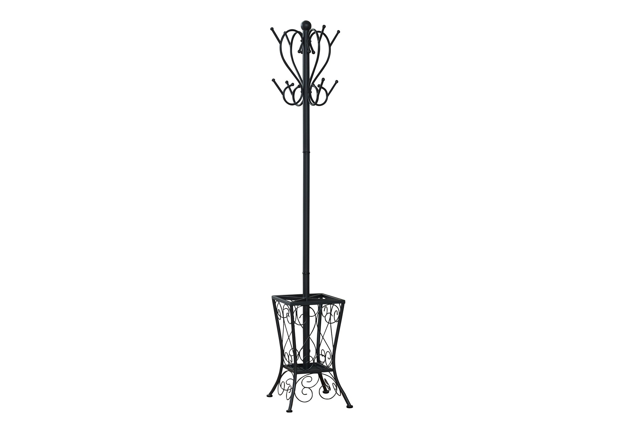 Coat Rack, Hall Tree, Free Standing, 8 Hooks, Entryway, 71'h, Umbrella Holder, Bedroom, Black Metal, Transitional - Grand Goldman Shop