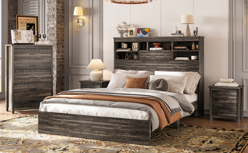 4PCS Bedroom Sets, Wooden Queen Size Bed Frame with Storage Headboard and Charging Station, 2 Nightstands with 2 Drawers, 1 Dresser with 5 Drawers, Antique Gray - Grand Goldman Shop