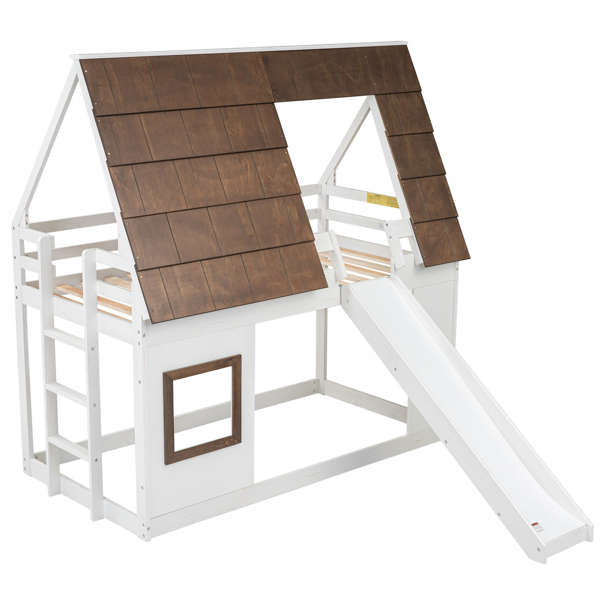 Hearth & Haven Bunk Twin Bed with House Roof, Ladder and Slide, White and Brown - Grand Goldman Shop