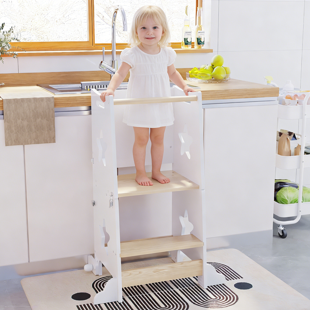 3-in-1 Toddler Kitchen Step Stool, Foldable Learning Standing Tower with Blackboard, Wooden Kitchen Stool Helper for Kids, 1-