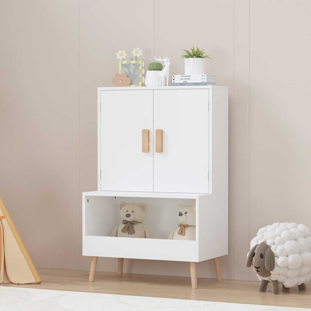 Kids Toy Storage Cabinet with Doors and Open Shelf, White Modern Wooden Organizer with Natural Wood Legs, Toddler Bookshelf f