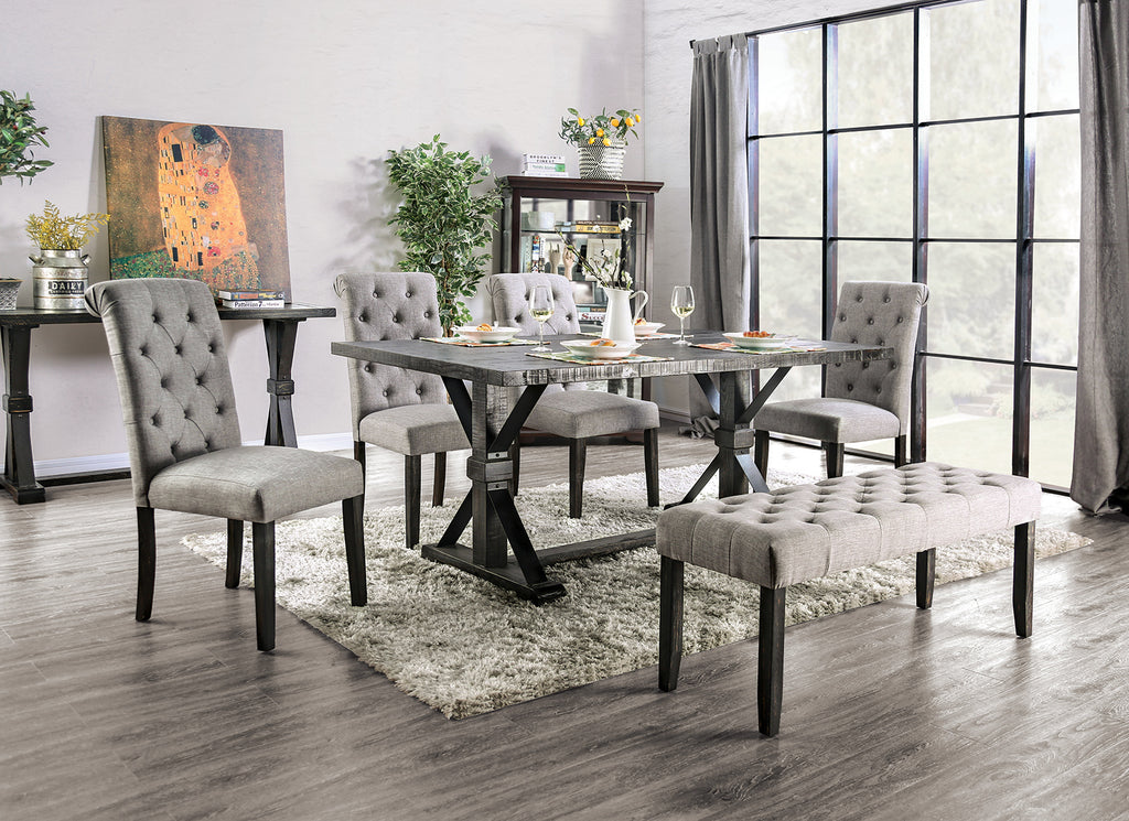 Classic Light Gray Color 1PC BENCH Button Tufted Linen Like Fabric Solid wood Chair Upholstered Seat Breakfast Rustic Dining Room Furniture - Grand Goldman Shop