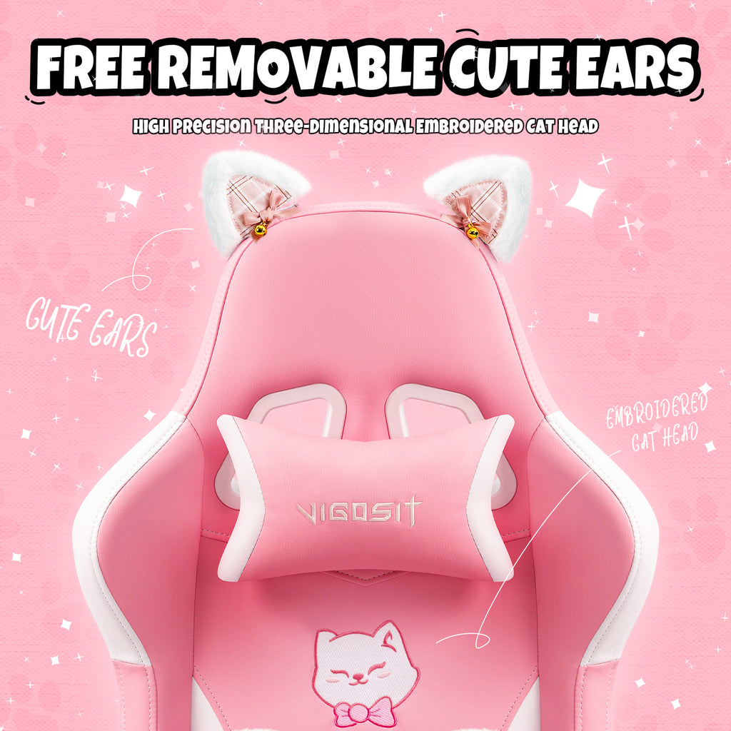Cat Ears Pink Gaming Chair - Pink PU Leather Ergonomic Reclining Office Chair with Footrest, 310lb Capacity, 6-Position Recli