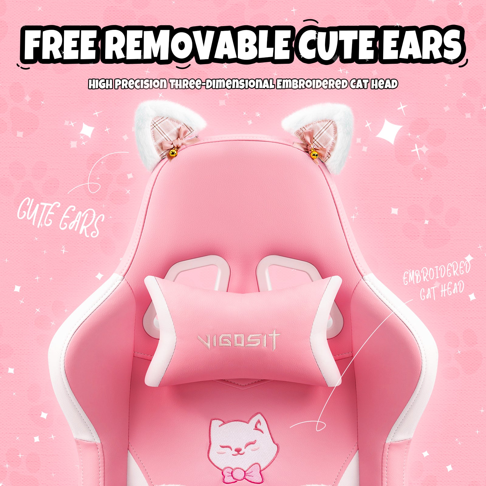 Cat Ears Pink Gaming Chair - Pink PU Leather Ergonomic Reclining Office Chair with Footrest, 310lb Capacity, 6-Position Recli