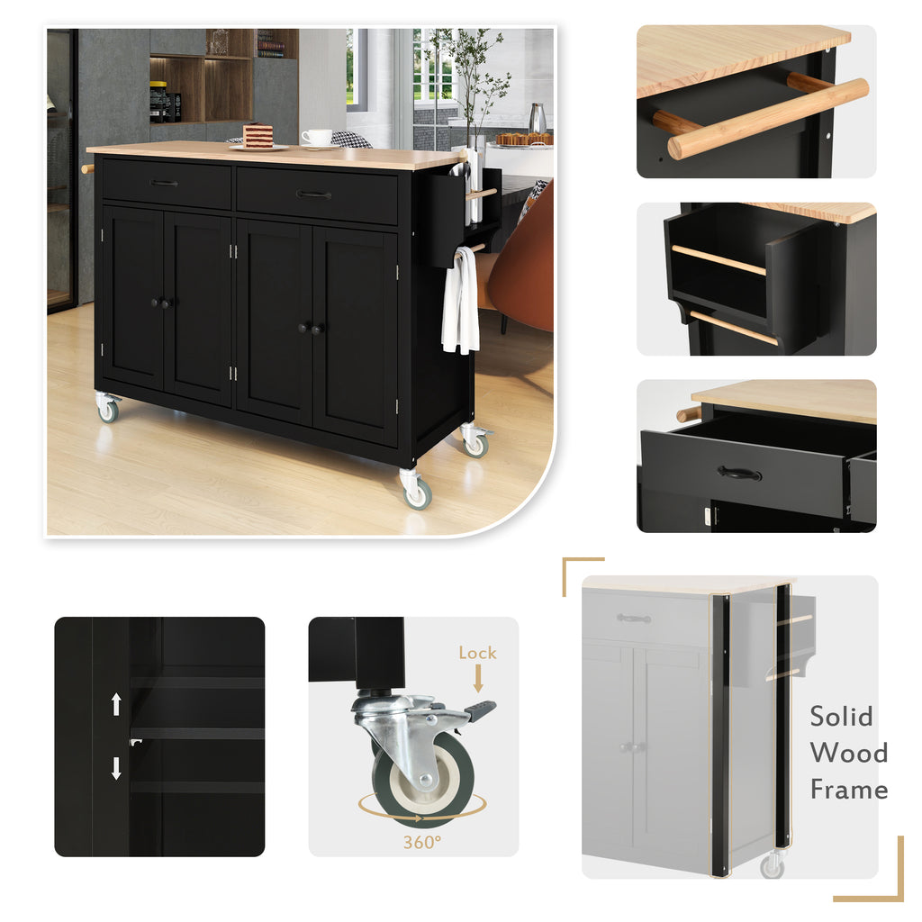Kitchen Island Cart with Solid Wood Top and Locking Wheels,54.3 Inch Width,4 Door Cabinet and Two Drawers,Spice Rack, Towel Rack (Black) - Grand Goldman Shop