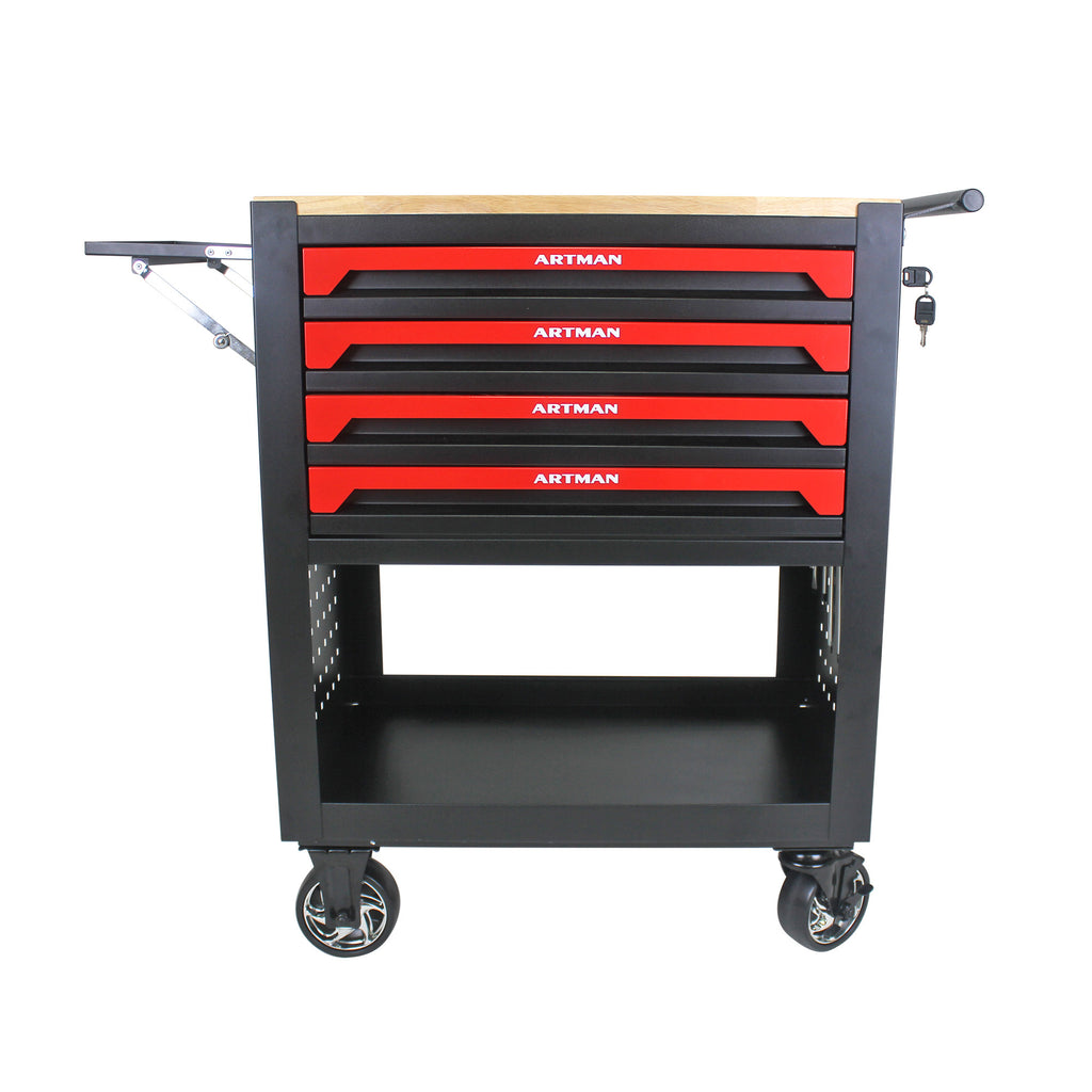 Stylish 4 Drawers Multifunctional Tool Cart With Wheels And Wooden Top - Available at Grand Goldman