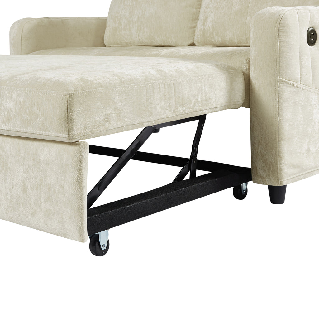 Modern 53.9' Loveseat Pull-out Sofa Bed with Adjustable Backrest, Cup Holders, Charging Ports & Side Storage in Beige Chenille - Grand Goldman Shop