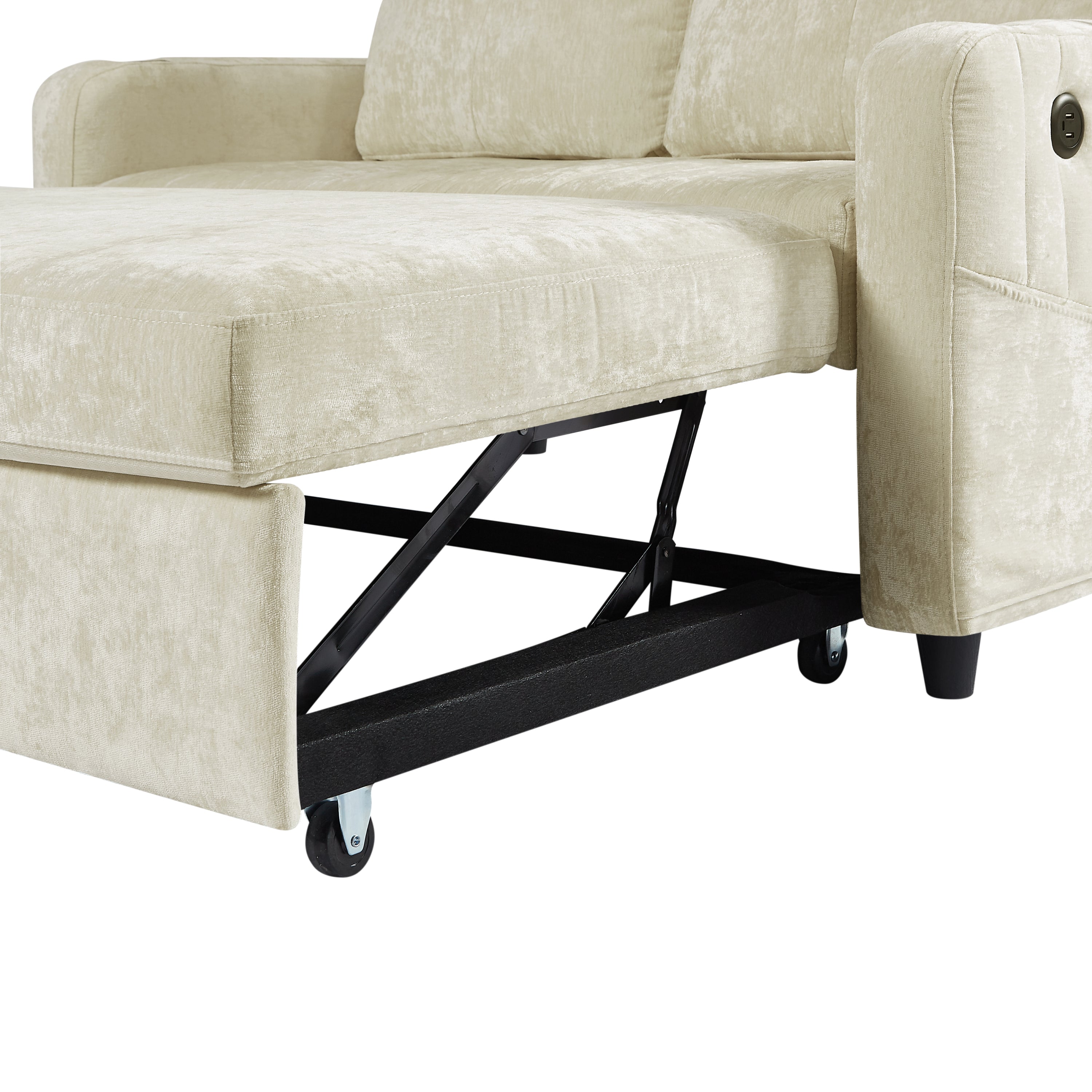 Modern 53.9' Loveseat Pull-out Sofa Bed with Adjustable Backrest, Cup Holders, Charging Ports & Side Storage in Beige Chenille - Grand Goldman Shop