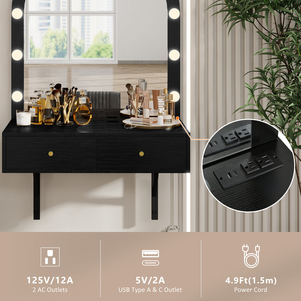 Floating Wall Mounted Makeup Vanity Desk with LED Mirror 3 Color Lights, Compact Dressing Table with Power Outlet & USB Charging, Space Saving Large Storage Vanity for Bedroom Bathroom, Black - Grand Goldman Shop