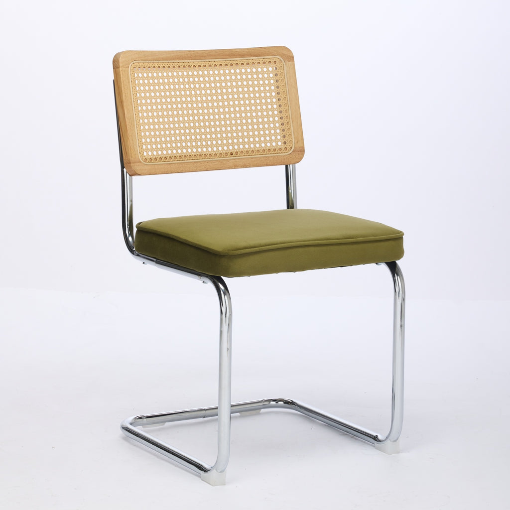 Mid Century Modern Dining Chairs Set of 2, Velvet Accent Chairs with Natural Cane Back & Stainless Chrome Base, Famous Breuer Designed Chairs, Upholstered Rattan Kitchen Chairs,Olive-Green - Grand Goldman Shop