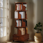 Rotating Bookshelf with Drawer, 360 Display 5 Tier Corner Bookshelf for Small Space, Floor Standing Bookcase Storage Rack, Wood Narrow Organizer for Bedroom, Living Room (WALNUT) - Grand Goldman Shop