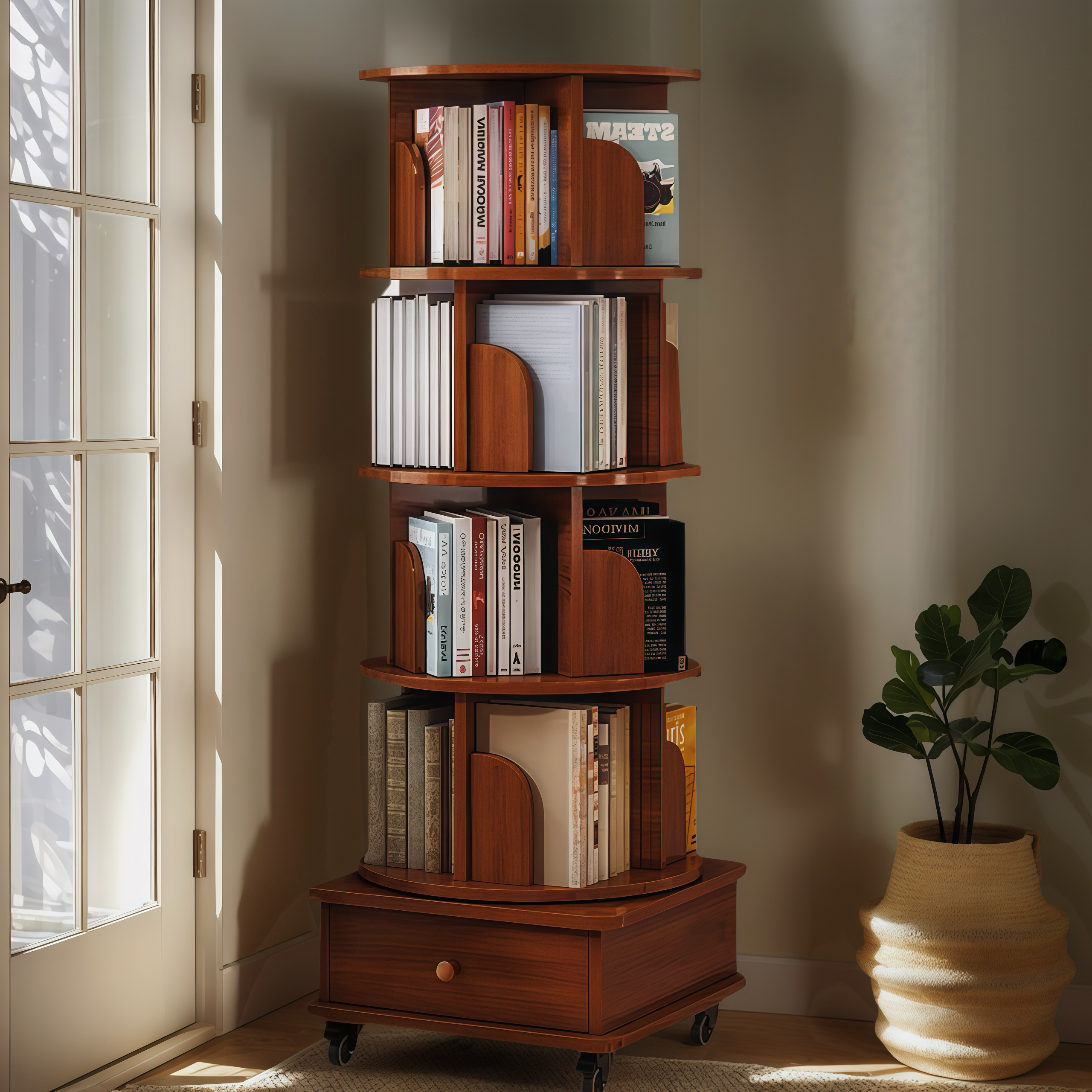 Rotating Bookshelf with Drawer, 360 Display 5 Tier Corner Bookshelf for Small Space, Floor Standing Bookcase Storage Rack, Wood Narrow Organizer for Bedroom, Living Room (WALNUT) - Grand Goldman Shop
