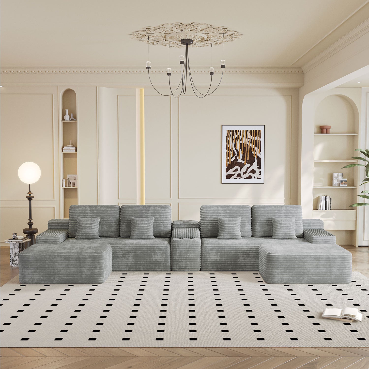 150''Width 5-piece Sectional Sofa with 2 Ottomans,Comfy U-shaped Sofa Couch for Living Room,Light Grey Plush Corduroy Fabric - Grand Goldman Shop