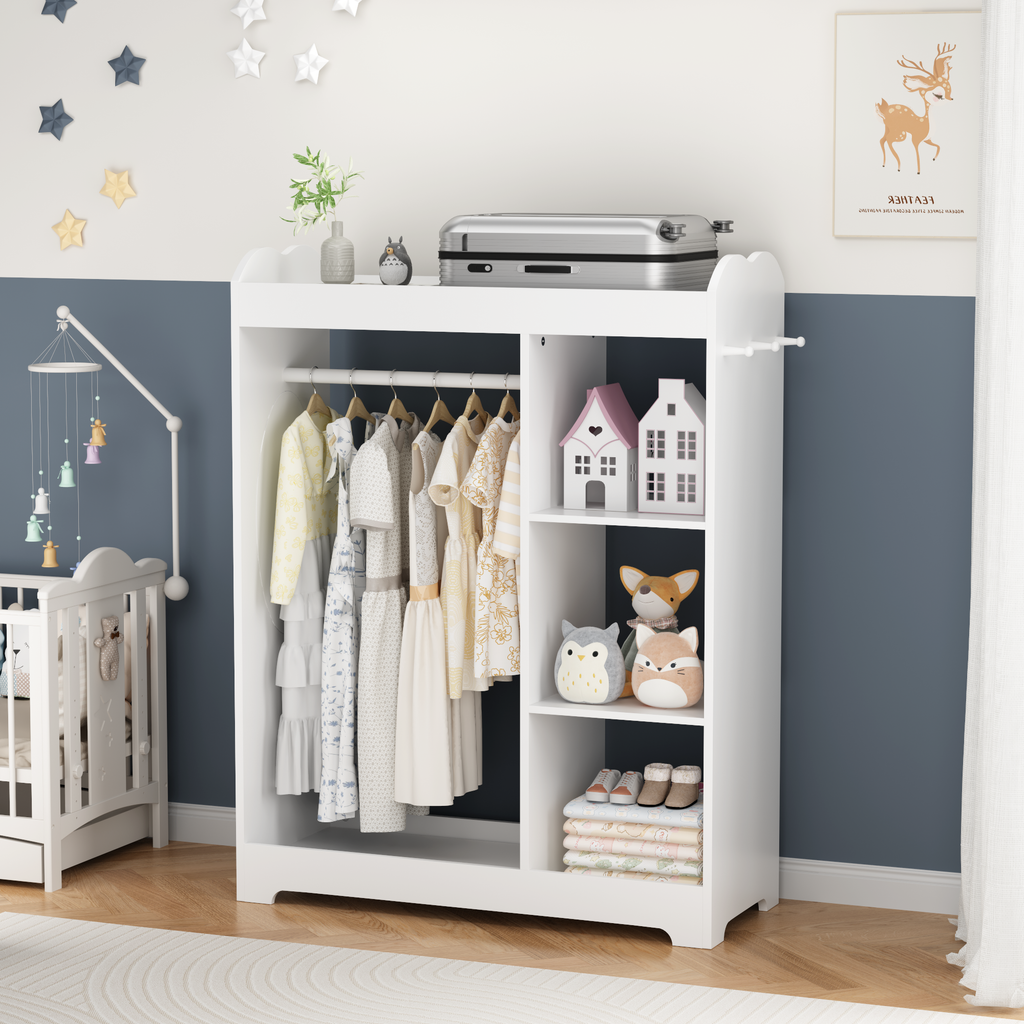 Kids Dress Up Storage with Mirror and Hooks, Wooden Dress Up Clothes Rack with Hanging Rod, 3 Side Hooks, Storage Shelves and