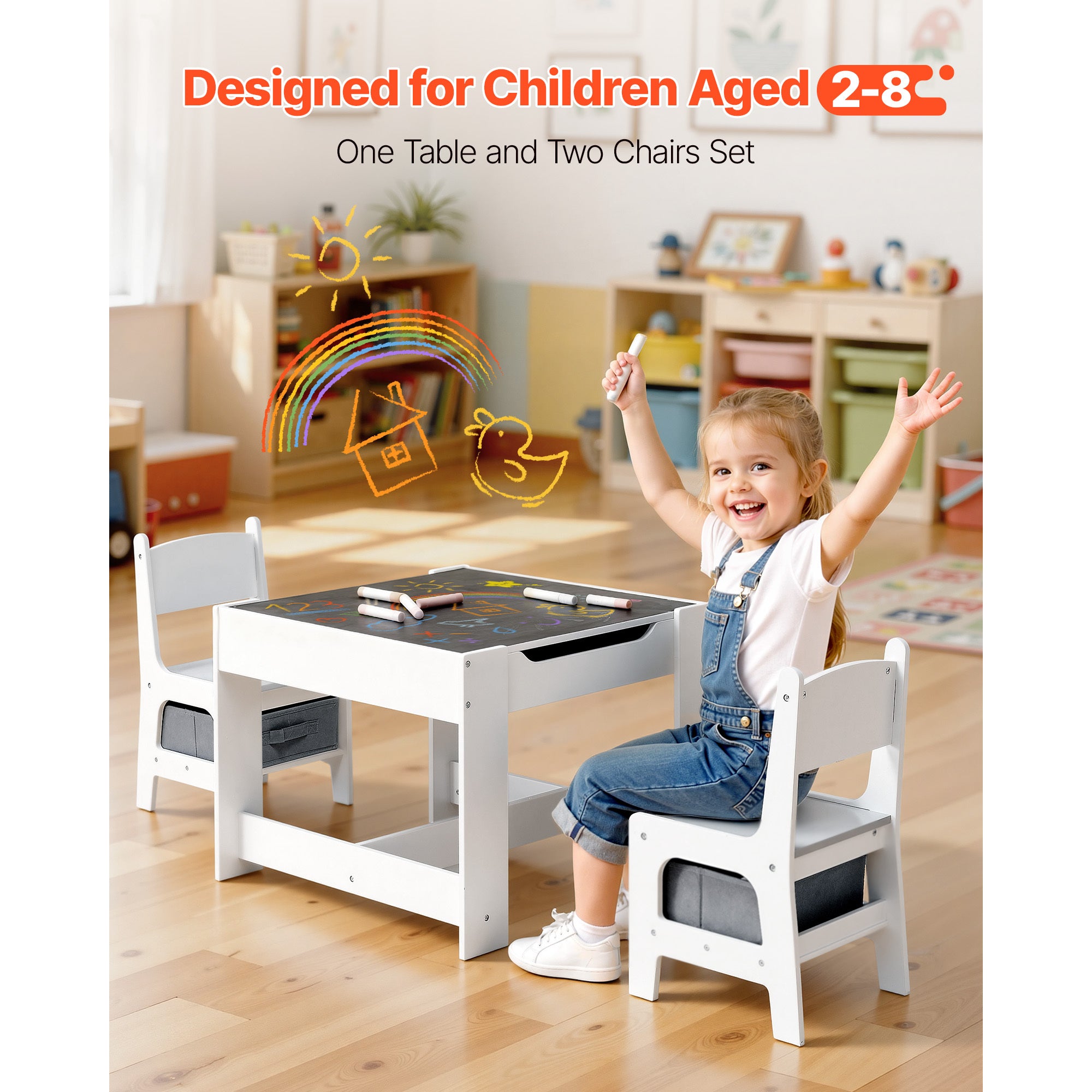 Kids Table and 2 Chairs Set, Toddler Table and Chair Set with Storage Space under the Table, Cloth Storage Box under the Chai