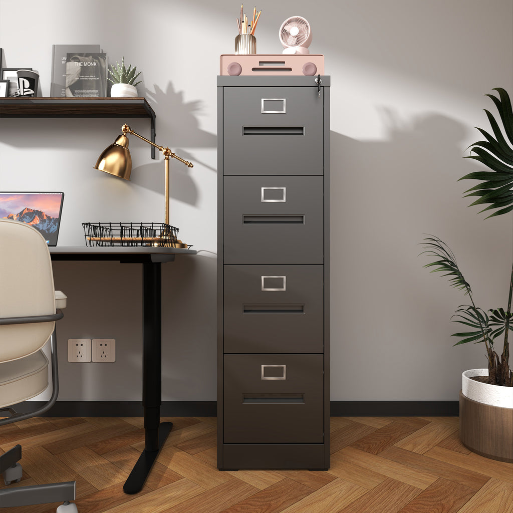 Premium 4 Drawer File Cabinet with Lock Metal Vertical File Cabinet for Office or Home in Black Steel, A4 Legal/Letter Size |