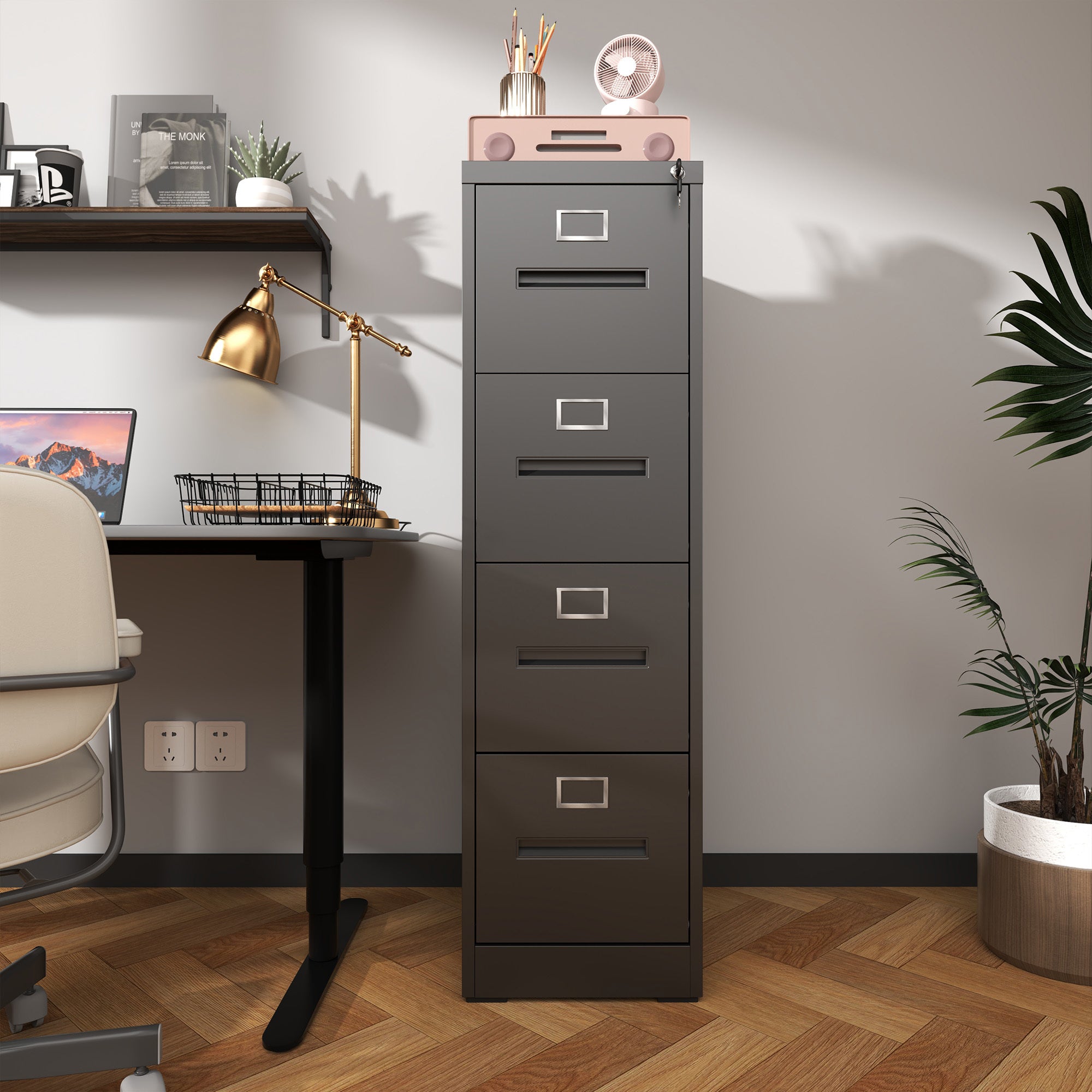 Premium 4 Drawer File Cabinet with Lock Metal Vertical File Cabinet for Office or Home in Black Steel, A4 Legal/Letter Size |