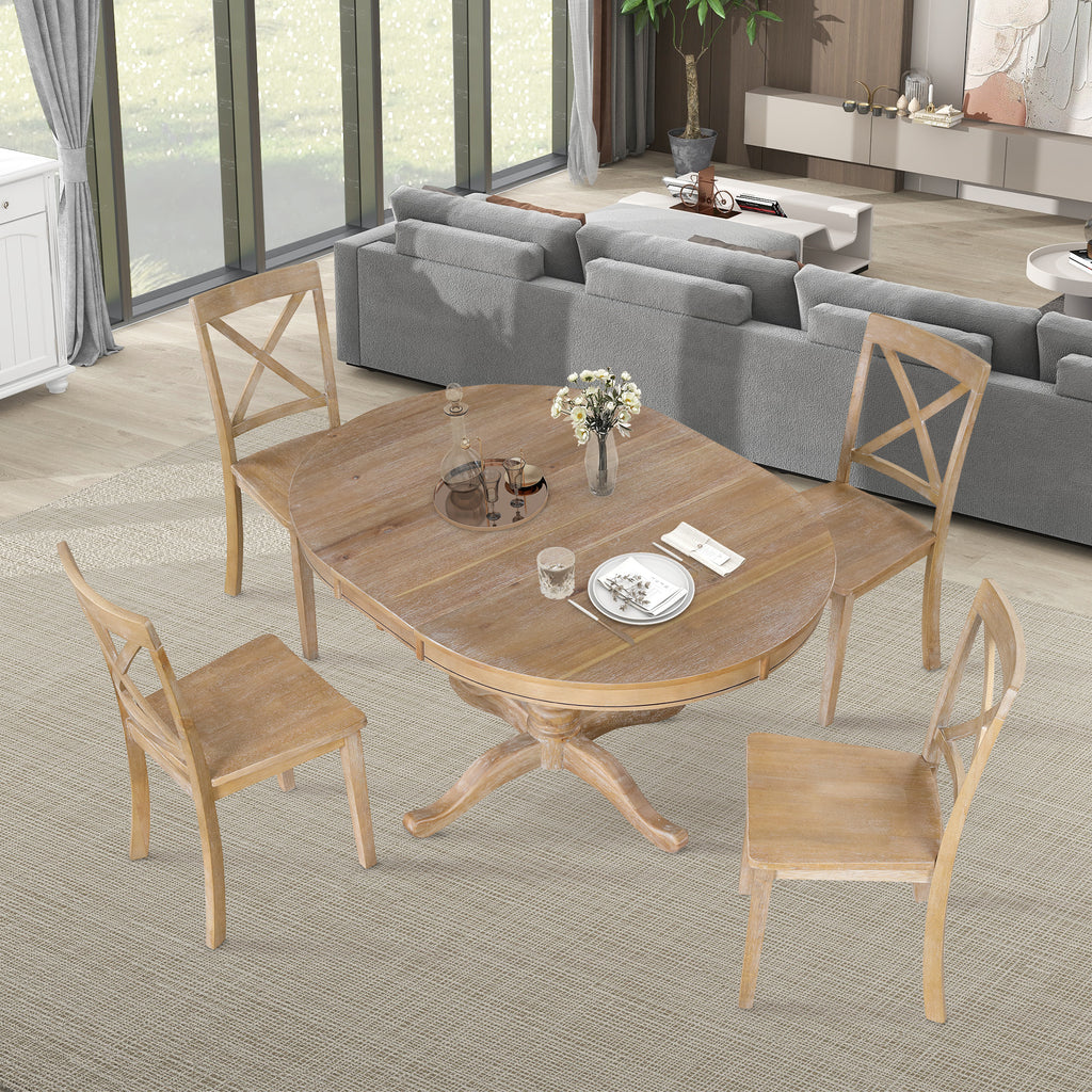 Modern Natural Wood Wash Dining Table Set for 4 with Round Table and Chairs, Solid Wood and MDF - Grand Goldman Shop