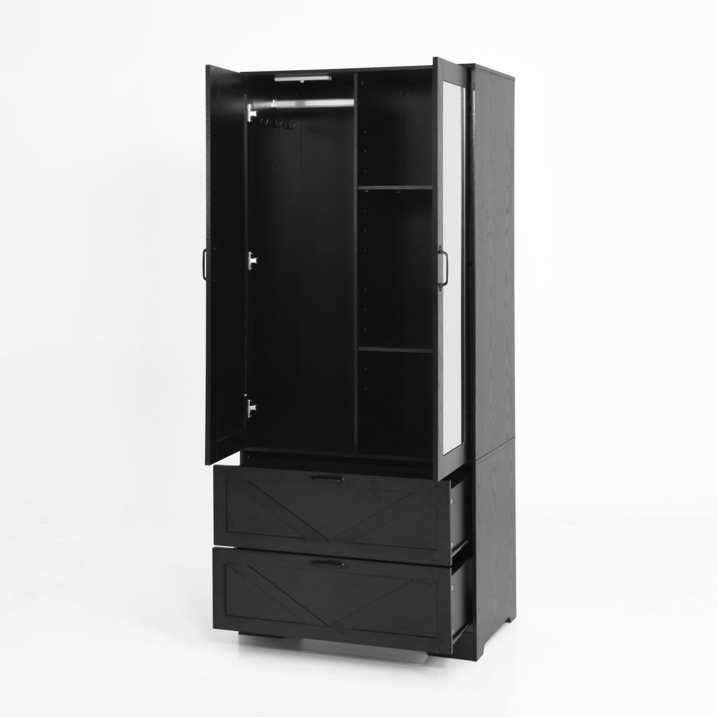 2 Door Wood Wardrobe for Bedroom with Hanging Clothing Rod inside the Cabinet and 2 Drawers for Storage Organization, Built-in induction light Multifunctional Closet with Mirror, Black - Grand Goldman Shop
