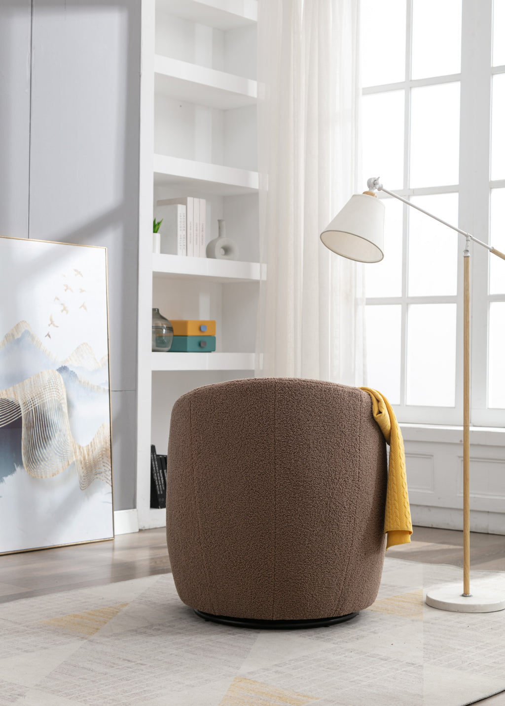 Teddy Fabric Swivel Accent Armchair Barrel Chair With Black Powder Coating Metal Ring,Coffee Brown - Grand Goldman Shop