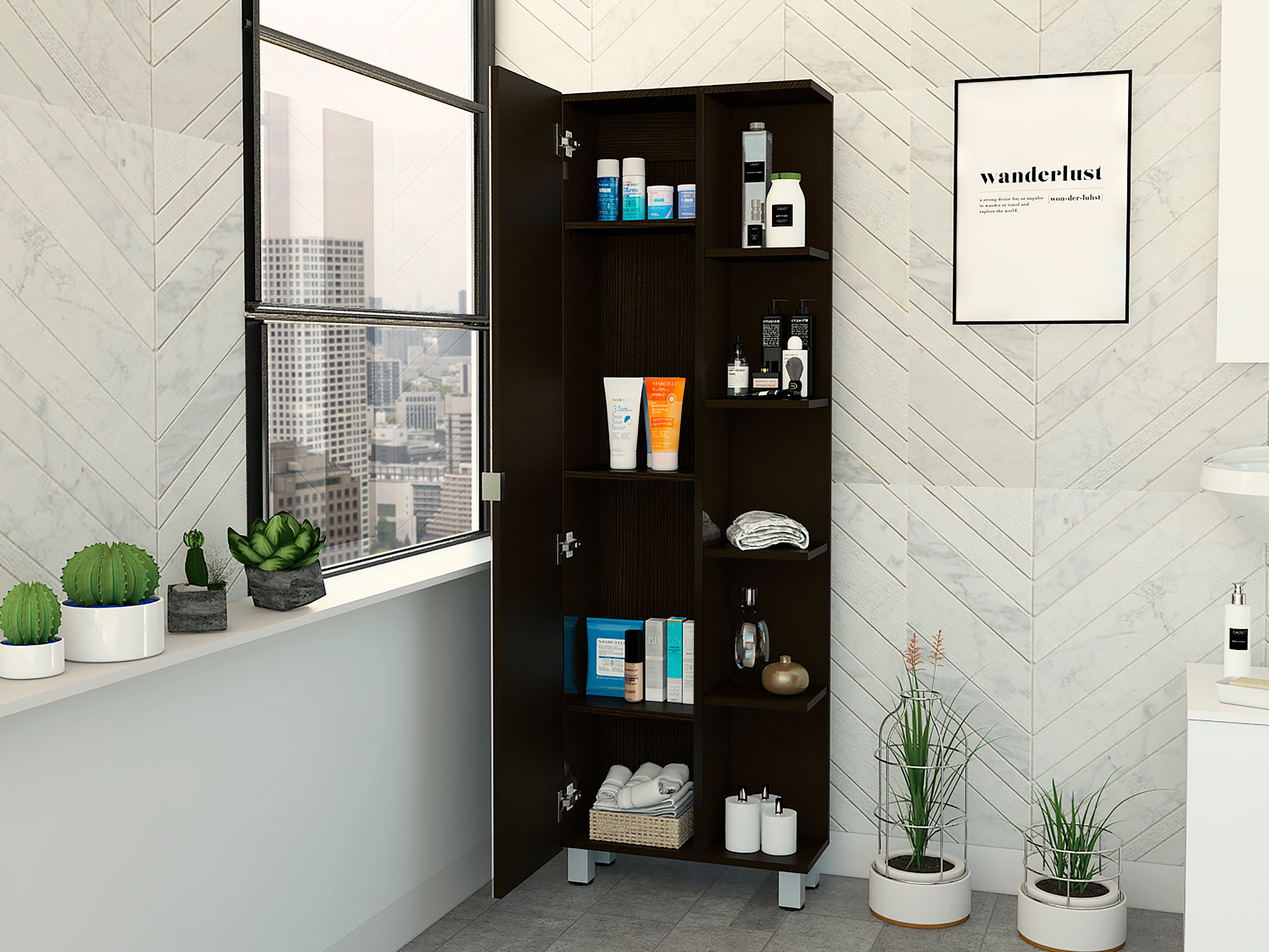 Urano Mirror Linen Cabinet, Four Interior  Shelves, Five External Shelves -Black | Premium Home Decor - Grand Goldman