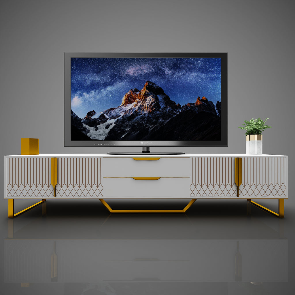TV Console with Storage Cabinets, Carve Design TV Stand with Metal Legs, Large Storage Space Modern Entertainment Center Suit for Living Room, Bedroom, White - Grand Goldman Shop