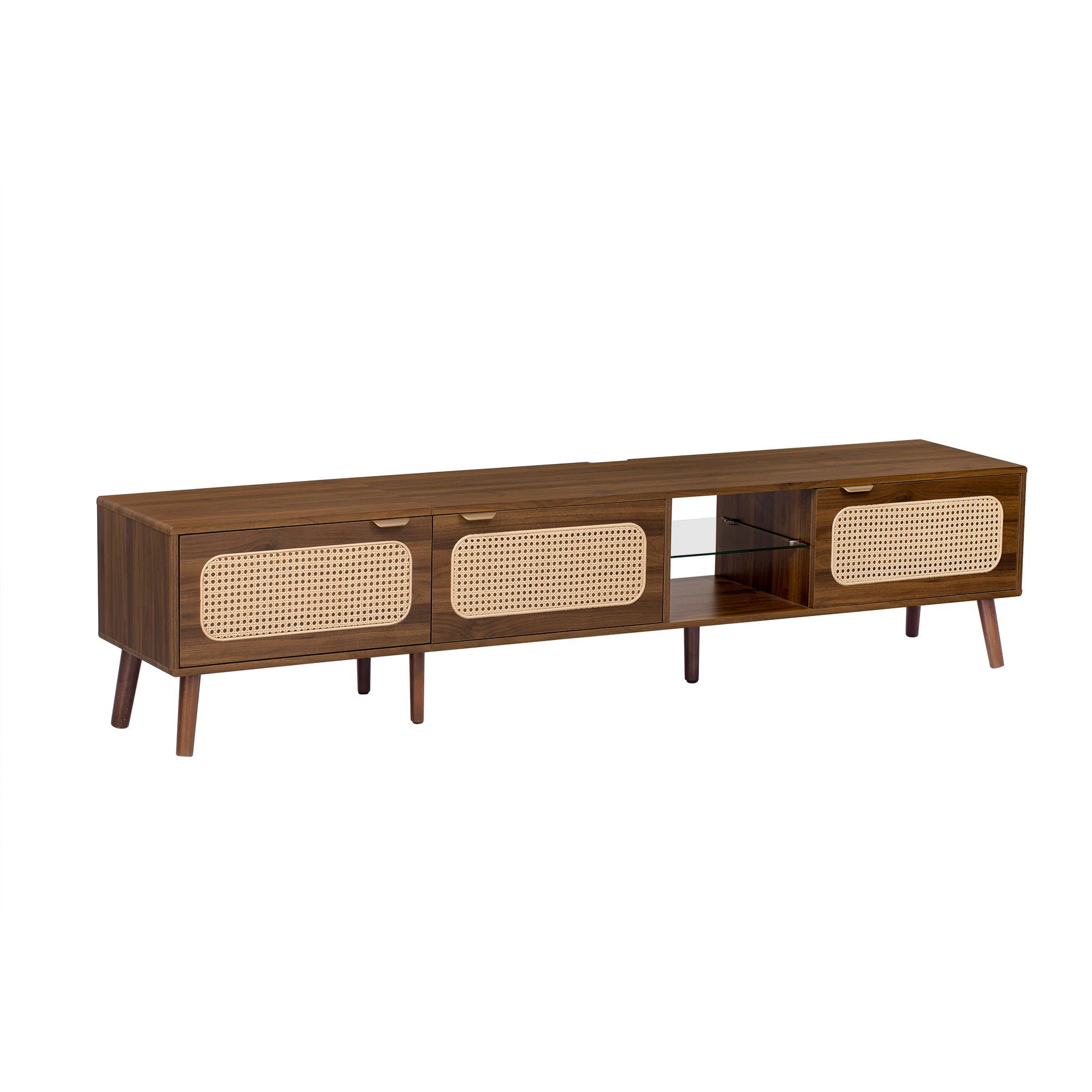 78' TV Stand for 75/80/85 inch TV with Walnut Finish, Ample Storage and Open Shelving in Solid Wood and Glass - Grand Goldman Shop