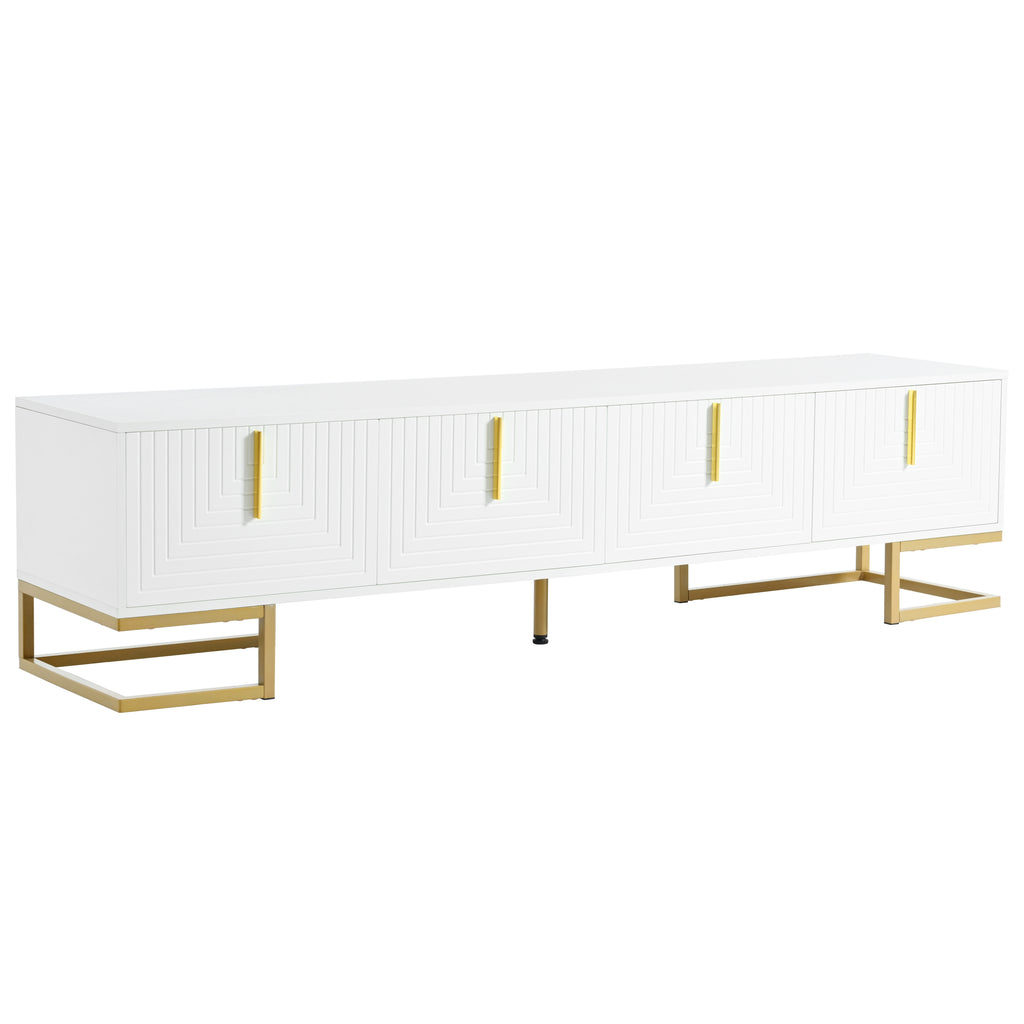 ON-TREND Modern TV Stand with Metal Legs and Gold Handles for TVs Up to 80'', Media Console Table with Cabinets and Adjustable Shelves, Luxury TV Cabinet with Geometric Lines for Living Room, White - Grand Goldman Shop