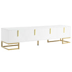ON-TREND Modern TV Stand with Metal Legs and Gold Handles for TVs Up to 80'', Media Console Table with Cabinets and Adjustable Shelves, Luxury TV Cabinet with Geometric Lines for Living Room, White - Grand Goldman Shop
