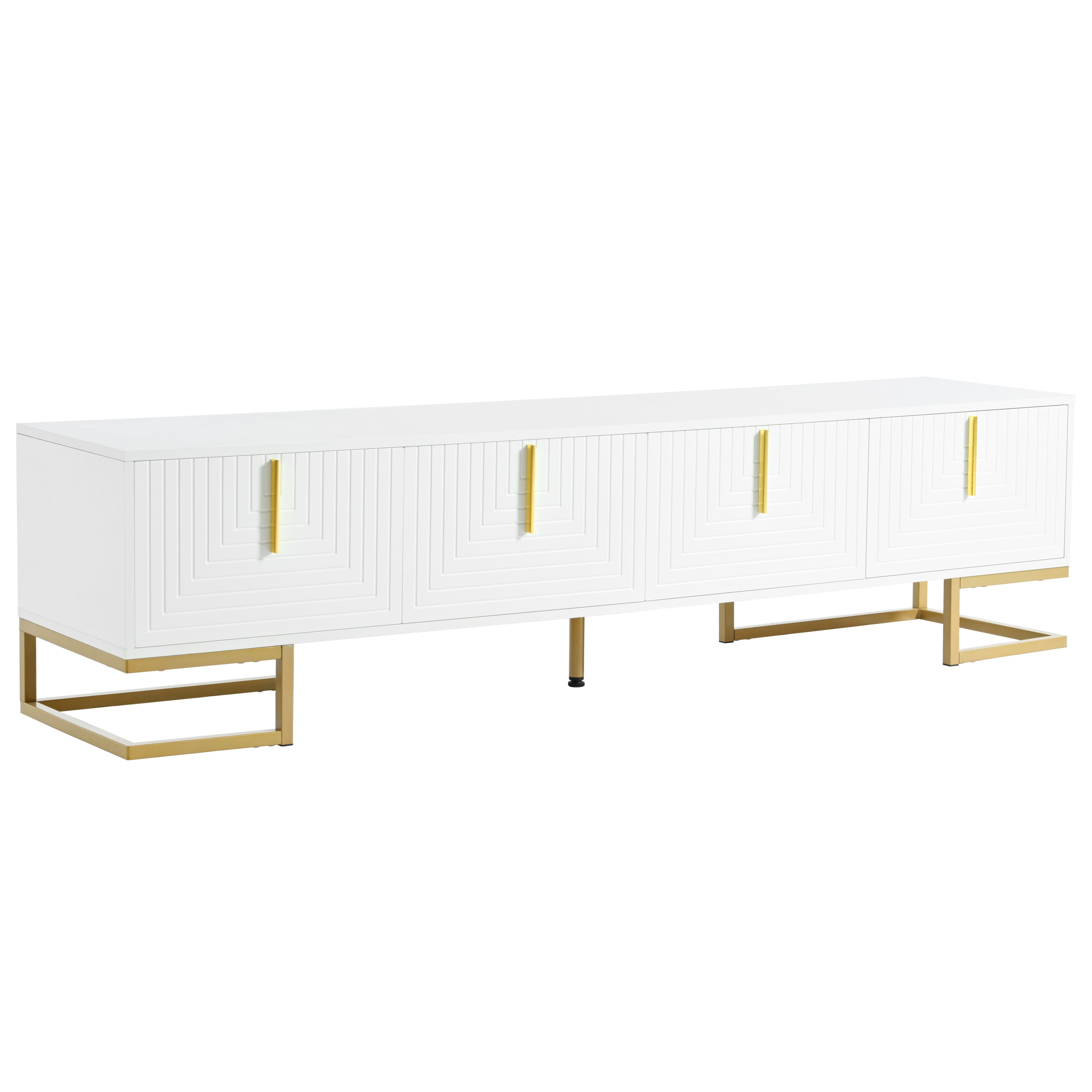ON-TREND Modern TV Stand with Metal Legs and Gold Handles for TVs Up to 80'', Media Console Table with Cabinets and Adjustable Shelves, Luxury TV Cabinet with Geometric Lines for Living Room, White - Grand Goldman Shop