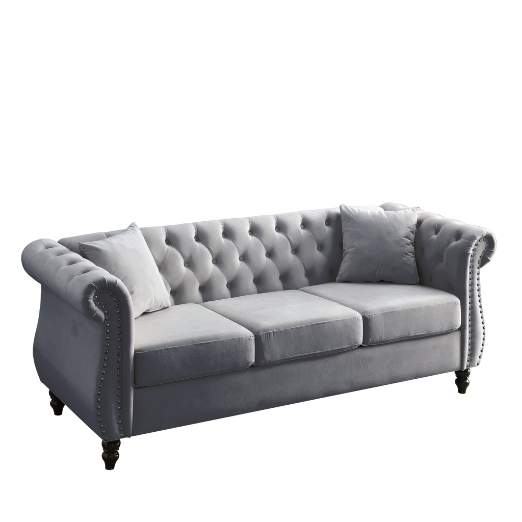 Grey Velvet 3-Seater Chesterfield Sofa with Rolled Arms and Nailhead Trim, Tufted Couch for Living Room, Bedroom, Office, Apartment, Includes Two Pillows - Grand Goldman Shop