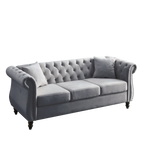 Grey Velvet 3-Seater Chesterfield Sofa with Rolled Arms and Nailhead Trim, Tufted Couch for Living Room, Bedroom, Office, Apartment, Includes Two Pillows - Grand Goldman Shop