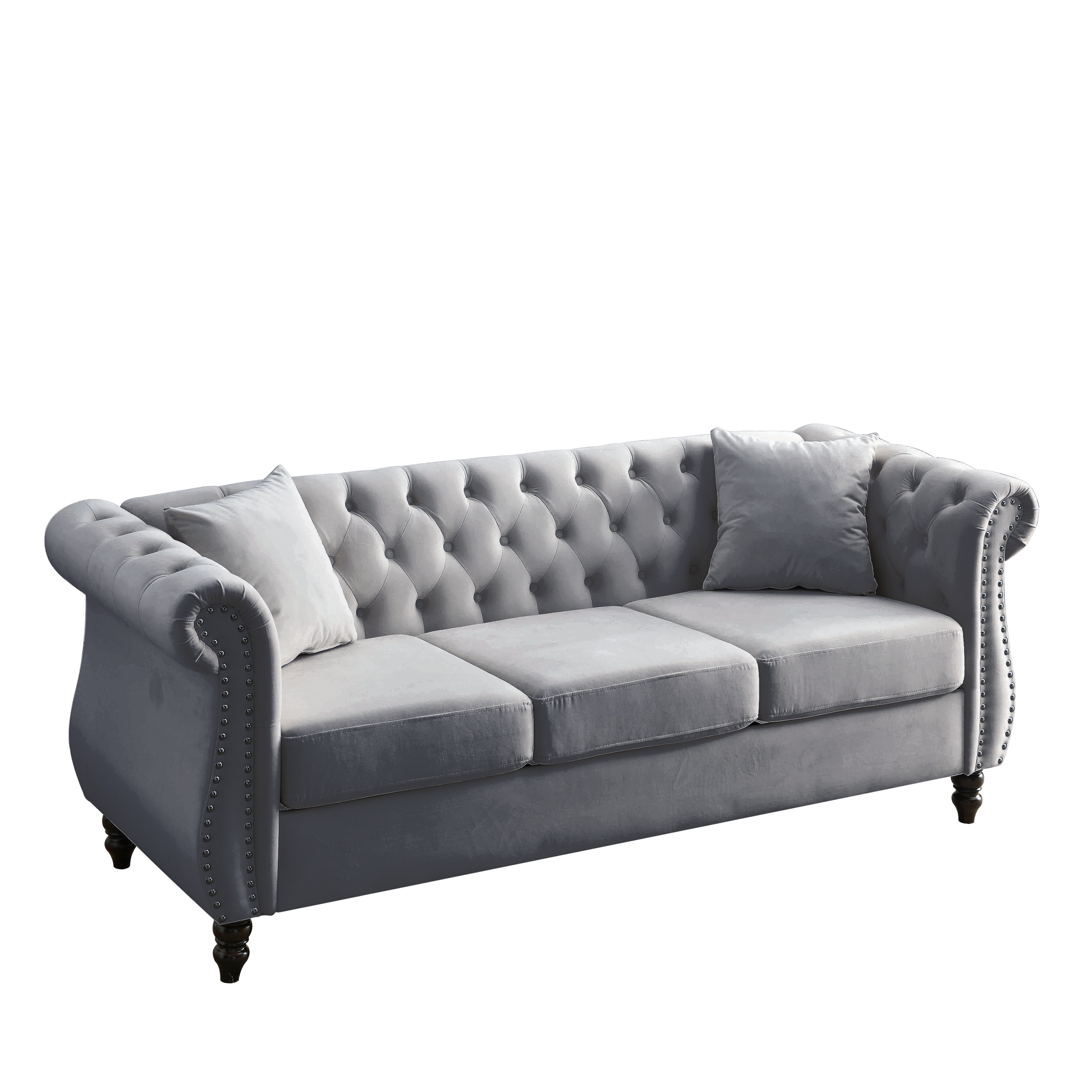Grey Velvet 3-Seater Chesterfield Sofa with Rolled Arms and Nailhead Trim, Tufted Couch for Living Room, Bedroom, Office, Apartment, Includes Two Pillows - Grand Goldman Shop