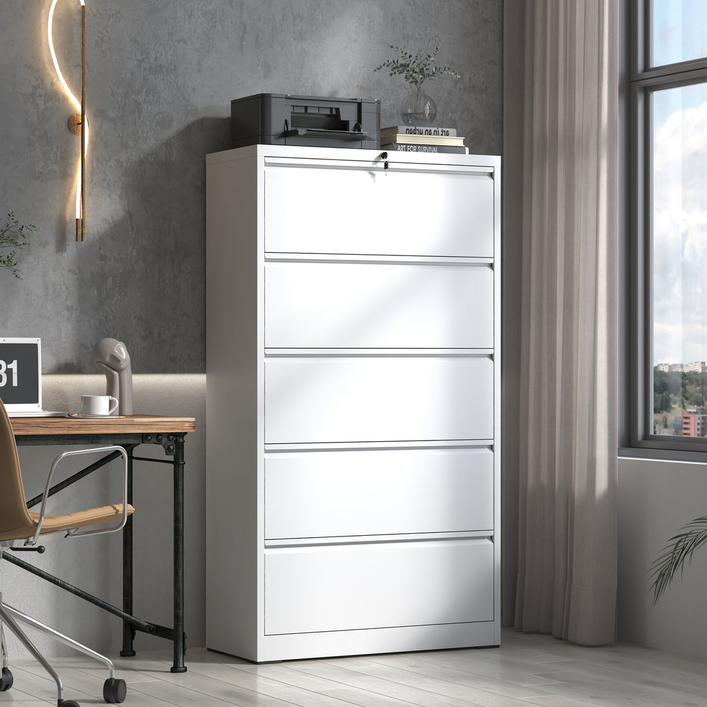 5 Drawer Metal Lateral File Cabinet , White Filing Cabinet with Lock, Lockable File Cabinet for Home Office, Locking Metal Fi