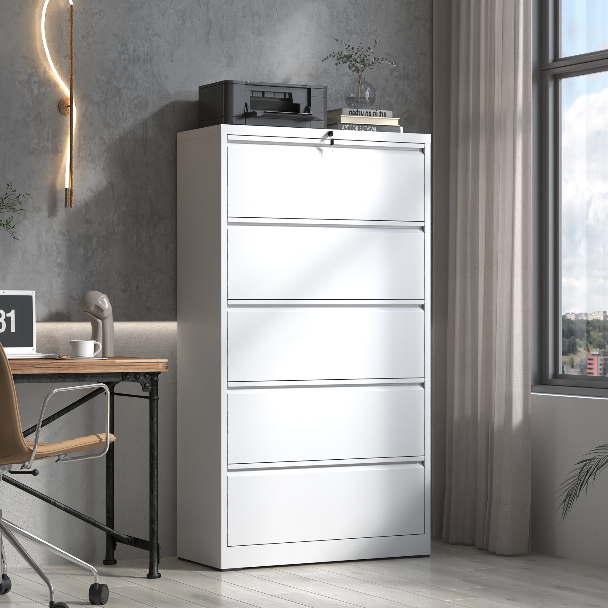 5 Drawer Metal Lateral File Cabinet , White Filing Cabinet with Lock, Lockable File Cabinet for Home Office, Locking Metal Fi