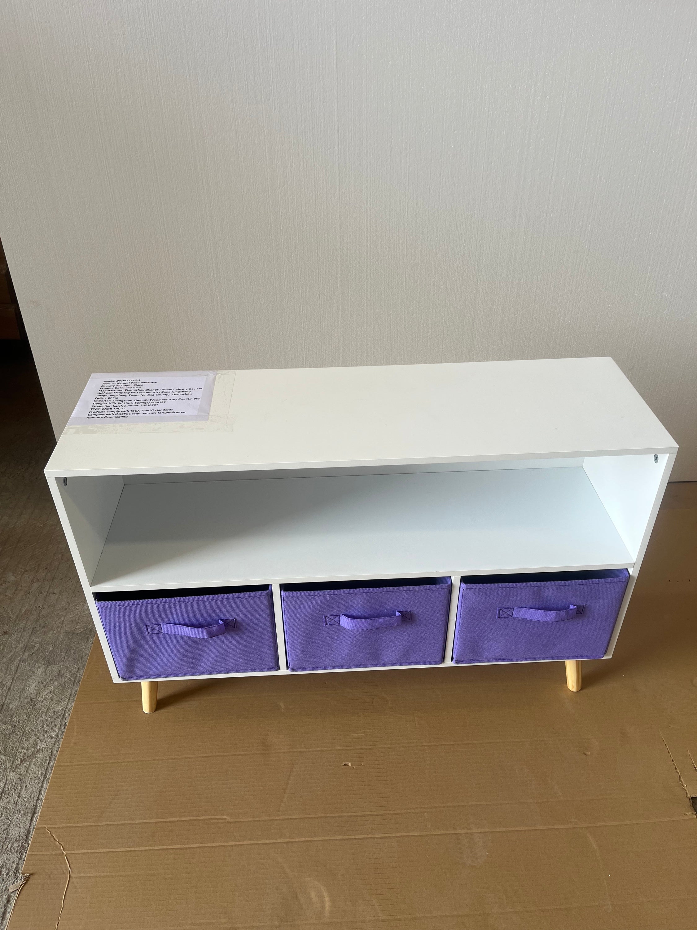 Kids Bookcase with Collapsible Fabric Drawers, Children's Book Display Organizer in White and Purple, MDF with Pine Legs | Pr