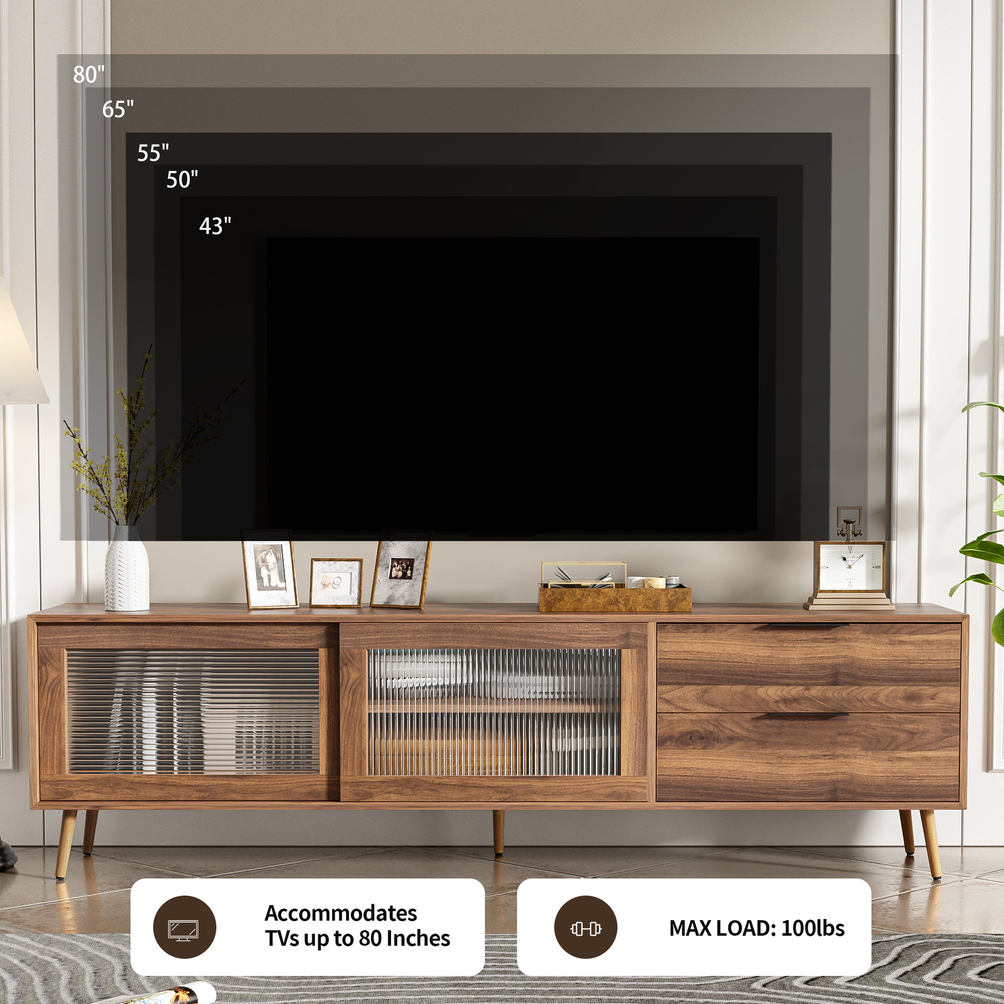 Modern Walnut TV Stand for 75+ TV, 70' Media Console with 2 Glass Doors, 2 Drawers & Storage Cabinet, MDF and Solid Wood Construction - Grand Goldman Shop
