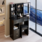 29.2' Small Size Left Drawer Desktop Vanity Table + Cushioned Stool, 2 AC+2 USB Power Station, Hair dryer bracket, Extra Large Touch Control Sliding LED Mirror, Tri-color Switching, Brightness Adjust - Grand Goldman Shop