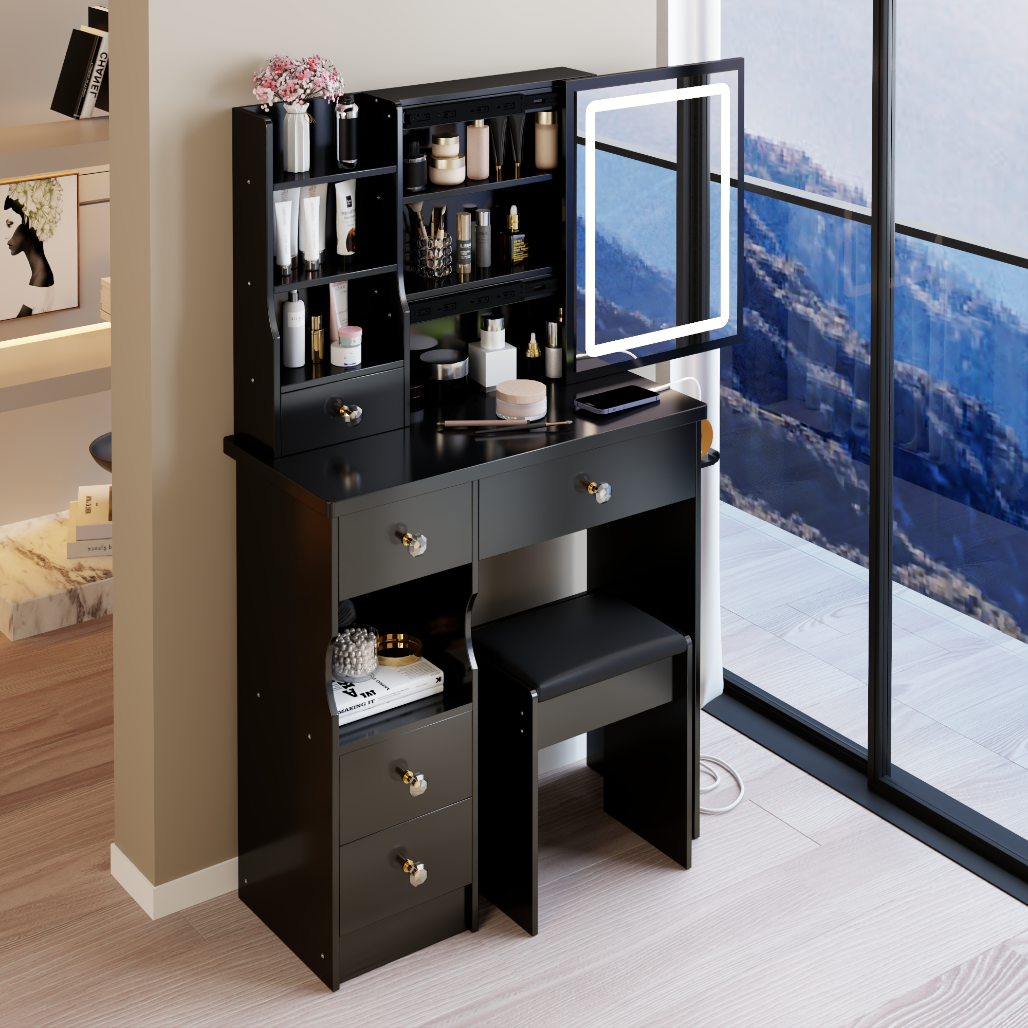 29.2' Small Size Left Drawer Desktop Vanity Table + Cushioned Stool, 2 AC+2 USB Power Station, Hair dryer bracket, Extra Large Touch Control Sliding LED Mirror, Tri-color Switching, Brightness Adjust - Grand Goldman Shop