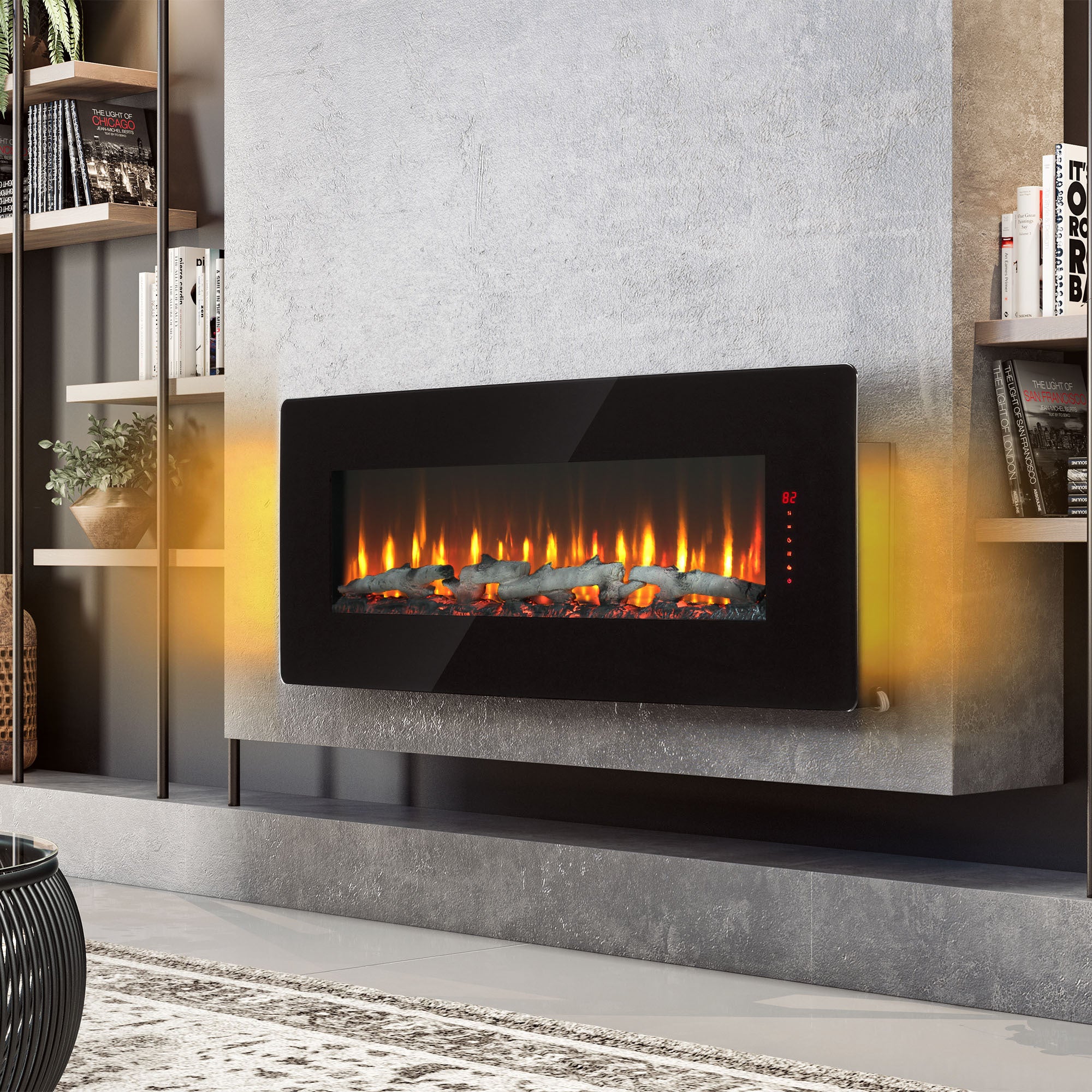 48 inch Curved Front Wall Mounted Electric Fireplace with remote and multi color flame & emberbed - Grand Goldman Shop