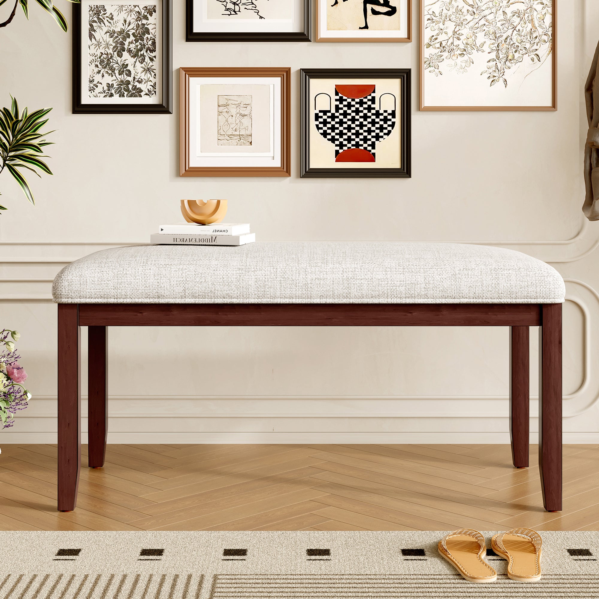 Upholstered Bench for Bedroom End of Bed,38-inch Entryway Bench for Living Room,Dining Bench with Padded Seat and Solid Wood Leg for Kitchen Bedroom,Indoor and Hallway (Bench, Beige+Cherry) - Grand Goldman Shop