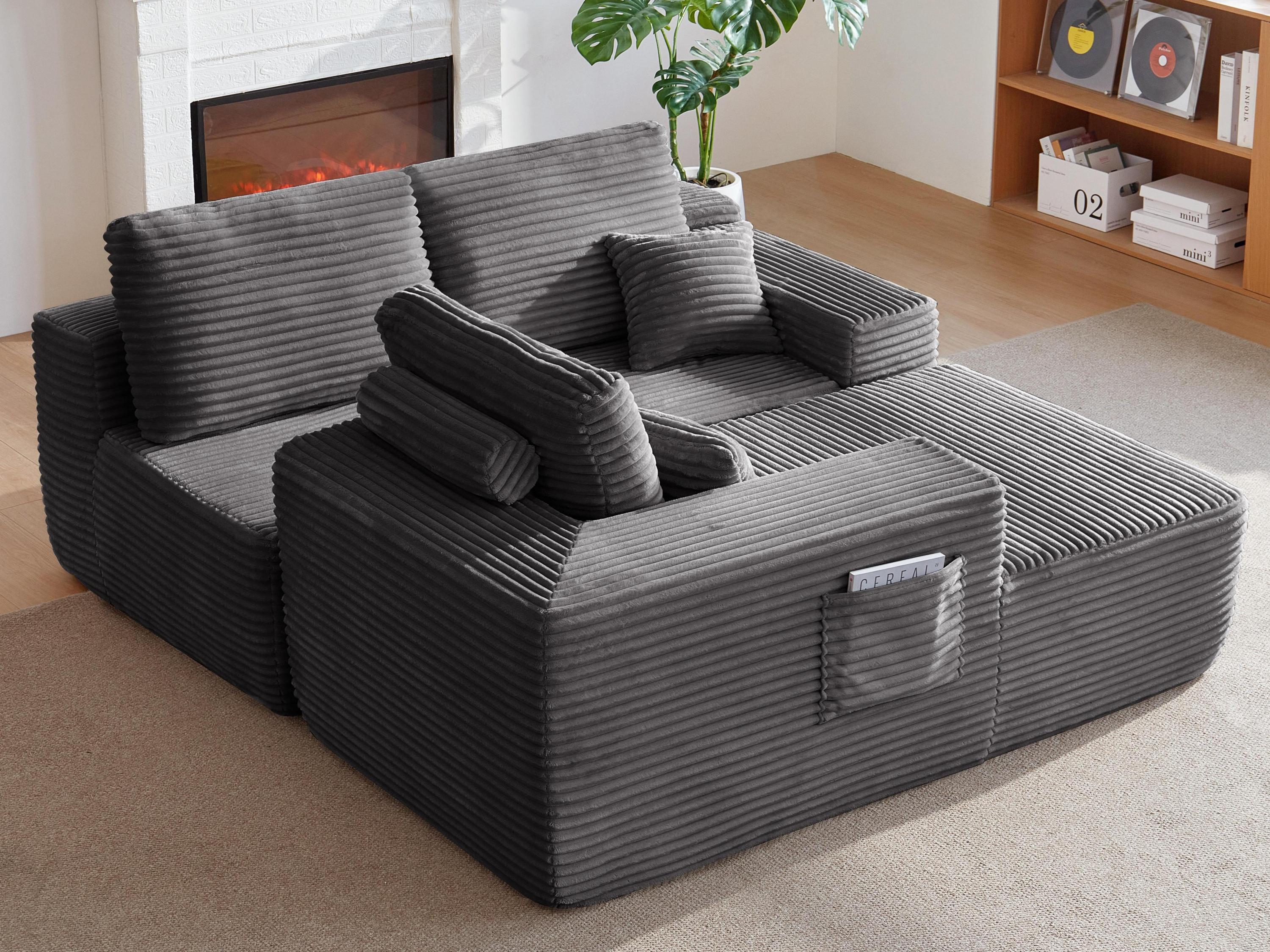 104' Cloud Sectional Sofa with L-Shape Chaise and Side Pockets , Modern Modular Design, Deep Seating, Upholstered Couch for Living Room/Bedroom, No Assembly Required (Plush Fabric), Grey, Left-facing - Grand Goldman Shop
