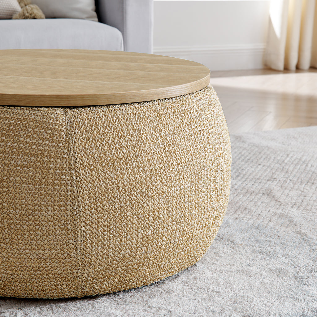 Woven Rattan Fabric Round Storage Ottoman with 2-in-1 Function as End Table and Ottoman, Dark Yellow, 25'x25'x14.7' - Grand Goldman Shop