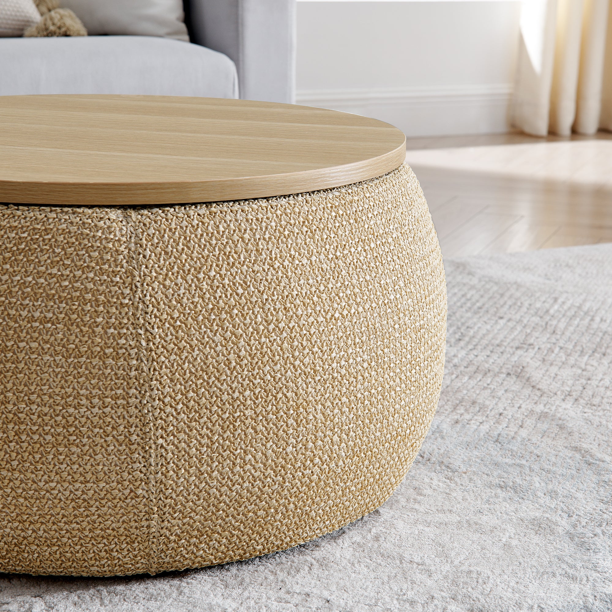 Woven Rattan Fabric Round Storage Ottoman with 2-in-1 Function as End Table and Ottoman, Dark Yellow, 25'x25'x14.7' - Grand Goldman Shop