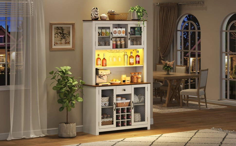 70.9' Kitchen Pantry Storage Cabinet Rustic Buffet Cabinet, Kitchen Hutch Cabinet with LED Outlets Food Pantry Cabinet with Doors and Shelves Wine Rack for Dining Room, White - Grand Goldman Shop