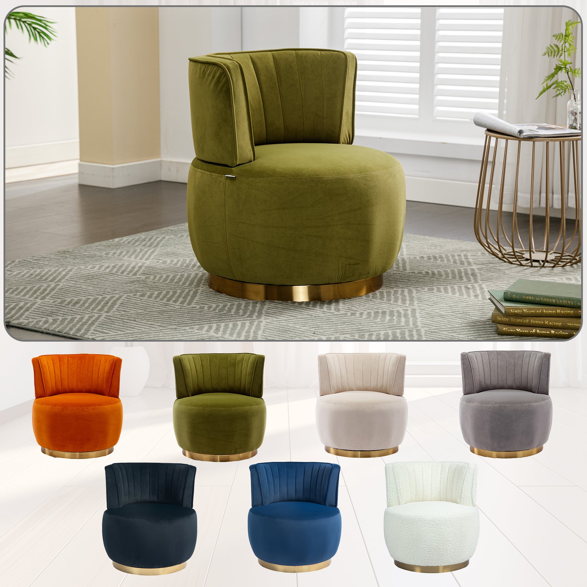 Swivel Barrel Chair, Round Armchairs with Wide Upholstered, Fluffy Velvet Fabric, Olive, 25.20'' x 25.59'' x 26.38'' - Grand Goldman Shop